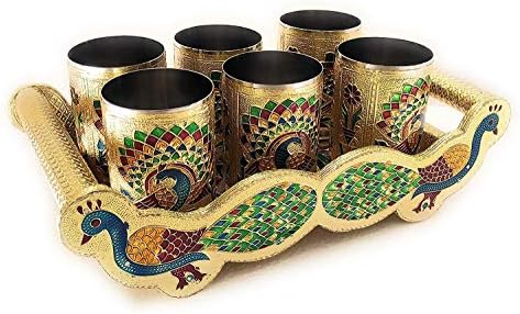 סט של 6 כתם פחות פלדה עבודות יד זכוכית הודי יד מינאקארי עבודה טווס עיצוב זהב צבע דיוואלי חג