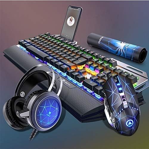 אוזניות Raxinbang מקלדת משחקי מכני ומקלדת עכבר עם אוזניות משחקי מחשב, USB LED רב -צבעוני LED עם
