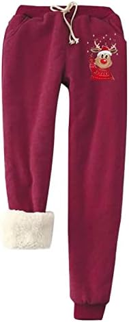 מכנסי חורף חורפים של נשים שרפה מרופדת מכנסי טרנינג תרמיים איילים חג המולד מודפסים מכנסיים עם כיסים
