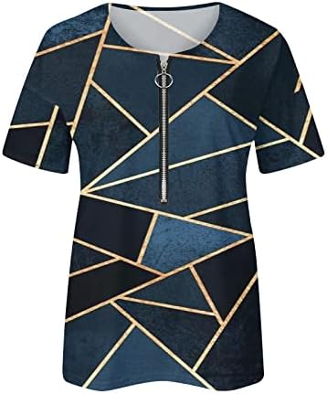 נשים טוניקה רופפות טוניקה צמרות קיץ גיאומטריות חולצת טריקו לנשים שרוול קצר טי טיי עליון רוכסן קז'ל