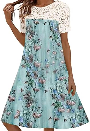 שמלות שותות קצרות לנשים נשים הדפסת פרחים מזדמנים תחרה שרוול קצר סד צוואר עגול נשים הקיץ