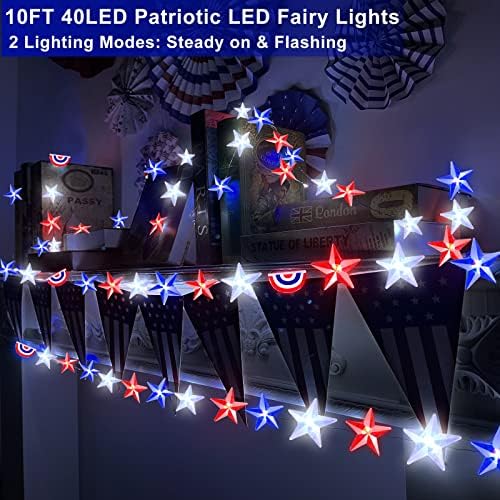 10ft 40 אורות כוכבי דגל אמריקאים, קישוטי פטריוטי 4 ביולי פטריוטי אדום ואורות פיות כחולים סוללה