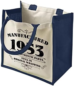 מתנות שקיות תיקי יום הולדת 70 לנשים - תיקי כתף יוטה כותנה לשימוש חוזר לקניות - מיוצר 1953 כחול -S
