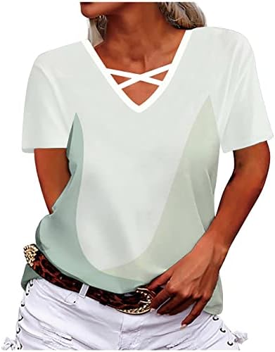 צמרות נשים לבושות V צוואר V צוואר שרוול קצר שרוול צלב חולצת טריקו 2023 חולצות מודפסות אופנתיות חמודות קיץ