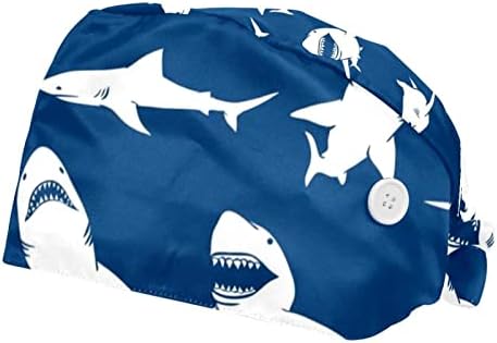 2 יחידות נשים עובדות כובע עם כפתורים וכובע שרוכים מתכוונן כובע כרישים לבנים צלליות רקע כחול