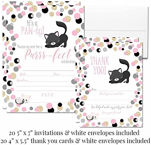Deluxe Polka Dot Kitty Cat Cundale כולל 20 כל אחד מהזמנות וכרטיסי תודה עם מעטפות + 2 גדלים שונים של מדבקות,