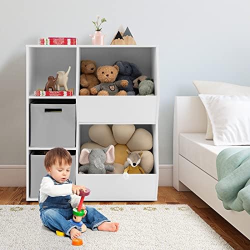 Glacer 5-Cube Kids Toy Storage מארגן, מדף ספרים של ארונות ספרים מעץ מעץ עם 2 פחים נשלפים ומתקפלים, ארון תצוגת אחסון