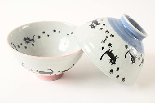 מינו כלי חרס יפני זוג אורז קערת אורז חתולים שחורים והדפסי רגליים כחול וורוד מיוצר ביפן MIG005