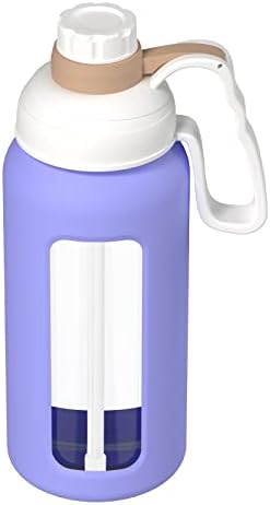 Sursip 42 גרם בקבוק מים זכוכית עם קש, כד מים רחבים עם שרוולי סיליקון וידית, הוכחת דליפה/BPA בחינם, מתאימה