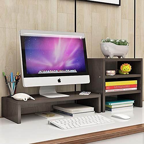 משרד עץ שולחן ארגונית מעמד צג מחשב, במבוק עץ צג משכים מארגן שולחן עם מגירה, עם מקלדת שטח אחסון-כהה