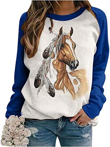 חולצת ציור שמן סוס נשים בלוק אופנה בלוק סווטשירטים שרוול ארוך צוואר צוואר צוואר