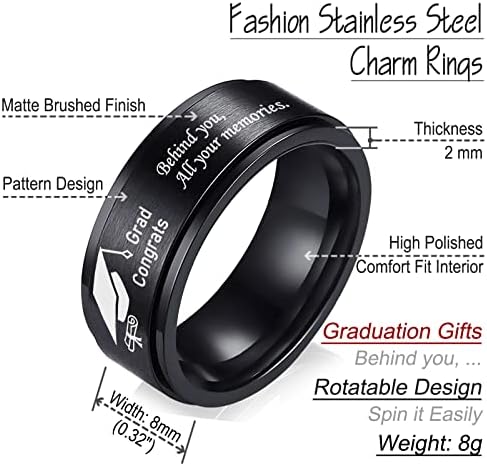 אנטדייר 8 ממ שחור נירוסטה ספינר טבעת עבור חרדה לקשקש טבעת סיום מתנות בשבילו מכללת תיכון בוגר השראה