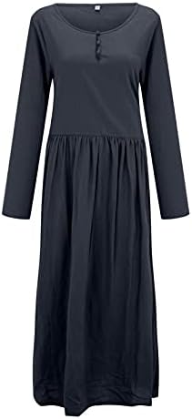 שמלת סתיו לנשים שרוול ארוך מכופתר או צוואר שמלות ארוכות מידי מזדמנים בצבע אחיד שמלת טוניקה ארוכה