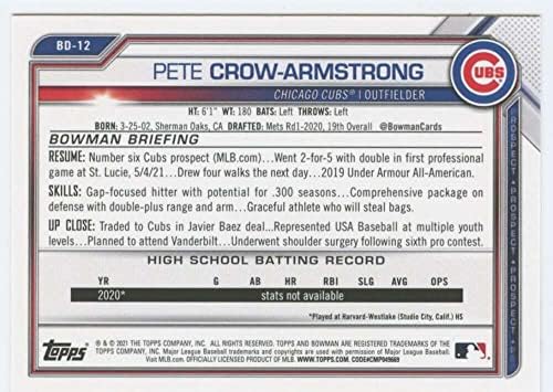 2021 דראפט Bowman BD-12 Pete Crow-Armstrong RC Ro Rookie Chicago Cubs MLB כרטיס מסחר בייסבול